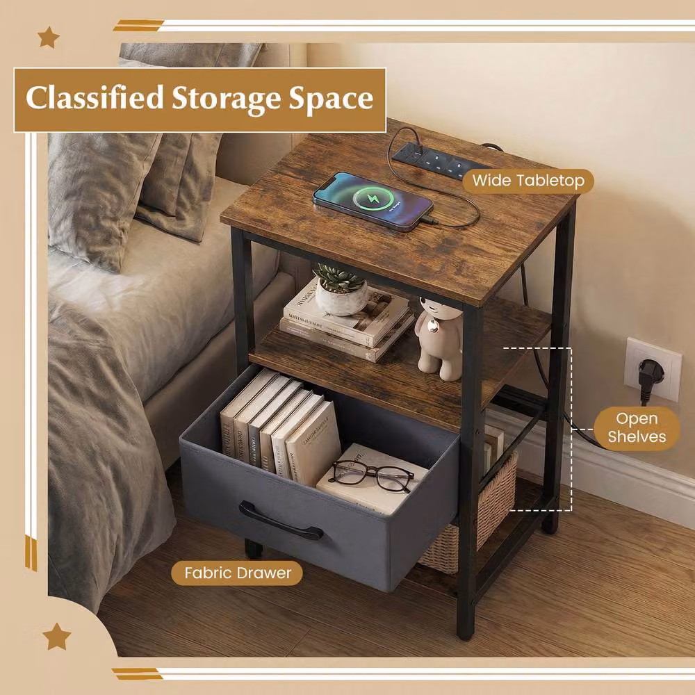 Costway Modern Side Table and Bedside Nightstand with Drawer and Shelves in Brown – 5