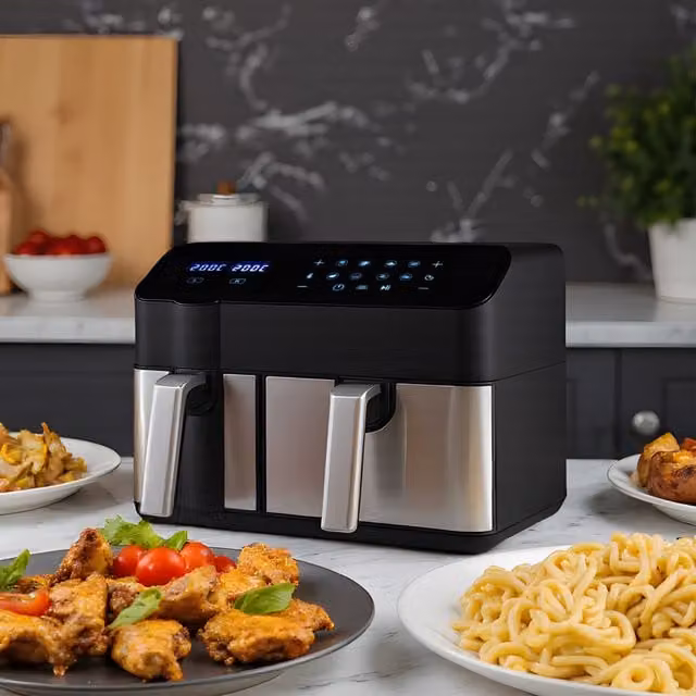 Komore Dual-Zone Air Fryer in Silver and Black