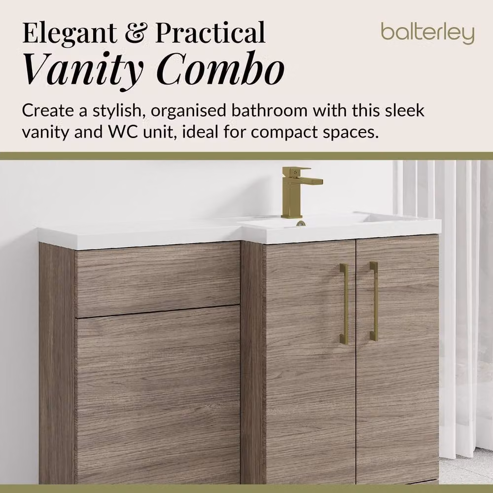 Balterley Brown Modern Right-Hand Vanity and WC Unit Combination with Brushed Brass Details – 2