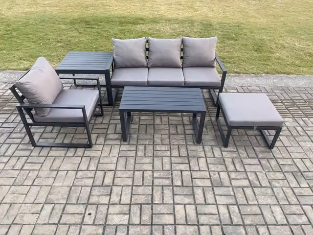Fimous 5 Piece Aluminium Garden Furniture Set in Dark Grey with Cushions, 3 Seater Sofa, Armchair, Ottoman and Coffee Table