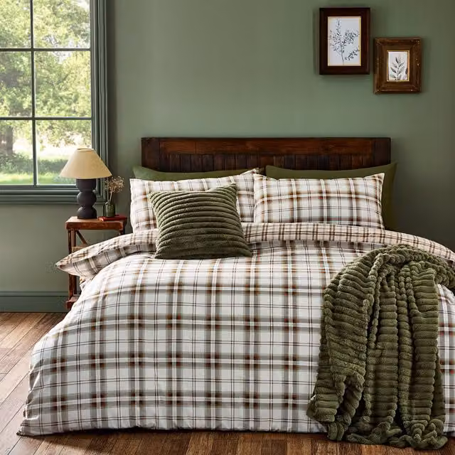 Catherine Lansfield Kelso Check Reversible Duvet Cover Bedding Set in Burnt Orange and Multicolour