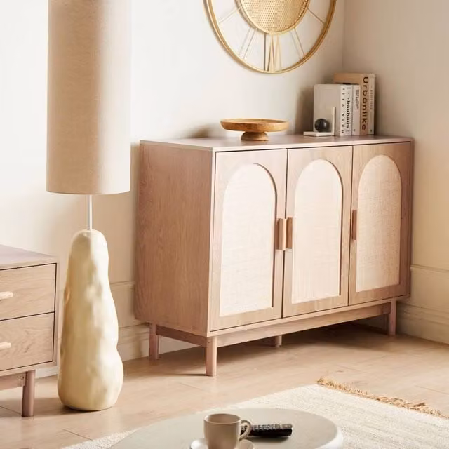 Wyld and Coco 3-Door Boho Sideboard in Brown with Rattan and Rubberwood Details
