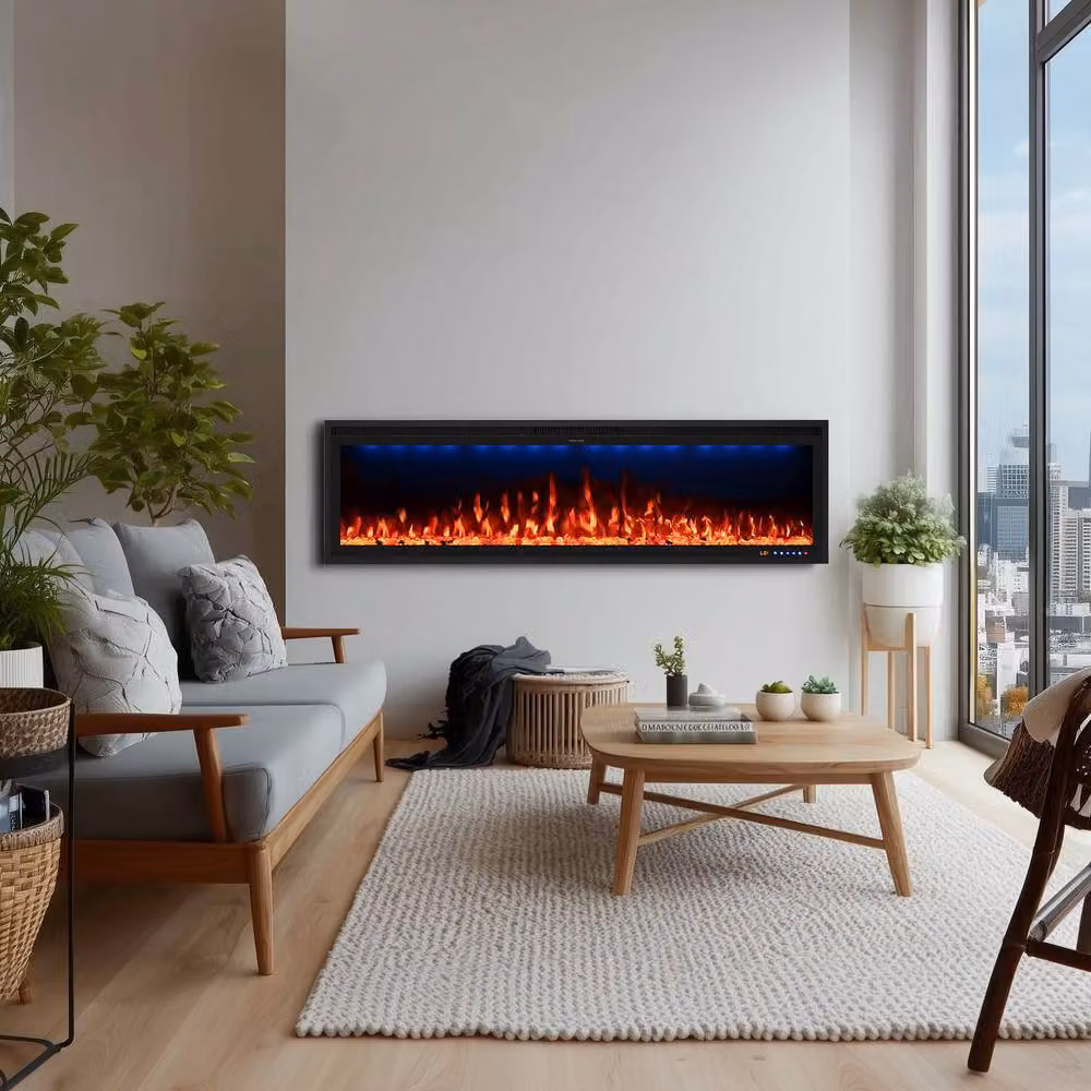 Omni-Burn Black Recessed or Wall Mounted Electric Fireplace with App Control, W: 152 cm, D: 16.02 cm, H: 42.84 cm – 6