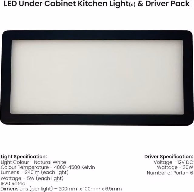 Loops 6x Matt Black Ultra-Slim Rectangle Under Cabinet Kitchen LED Light and Driver Kit with Natural White Diffused Light – 1