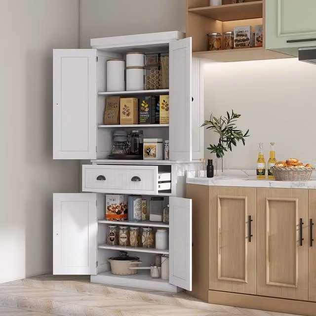 HOMCOM White Modern Kitchen Cupboard with Drawers, Hinged Doors and Internal Shelves