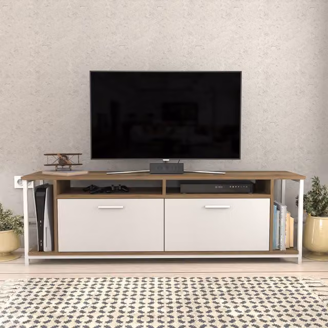 Decorotika Omar Industrial TV Unit in Brown and White, W/D/H: 160 x 35 x 60 cm