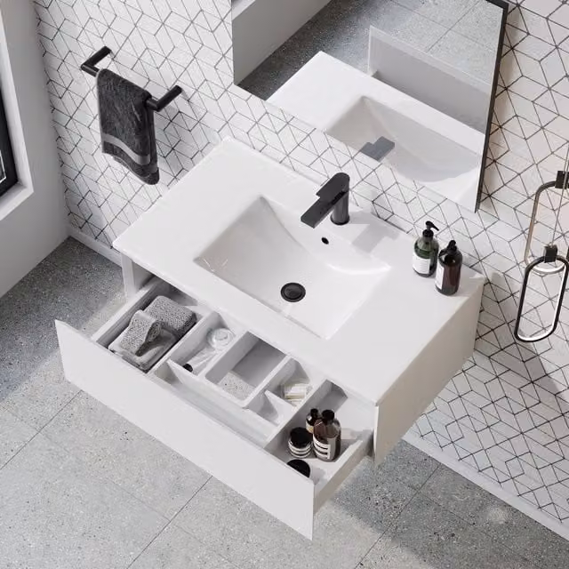 Banyetti Kameo 800mm Wall-Hung 1 Drawer Vanity Unit with Lira Basin, Matt White (W: 80 cm, D: 45 cm, H: 55 cm)