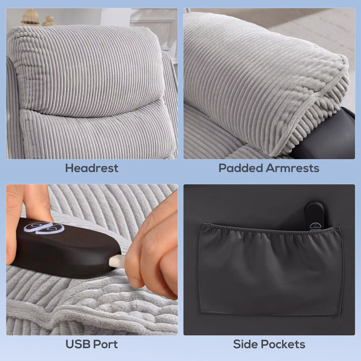 HOMCOM Power Lift Recliner Chair for Seniors in Light Grey Corduroy with USB Port and Side Pockets – 5