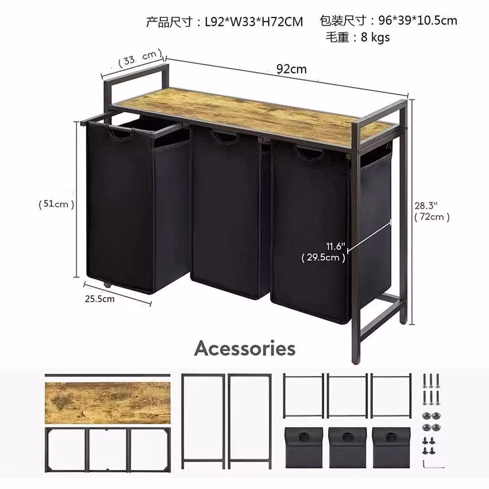 FLAVORA 3 Compartment Laundry Basket with Removable Oxford Bags in Black, W/D/H: 120 x 40 x 92 cm – 4