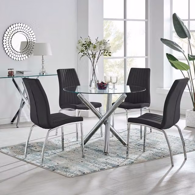 FurnitureboxUK Selina Round Glass Dining Table with Four Isco Chairs in Black