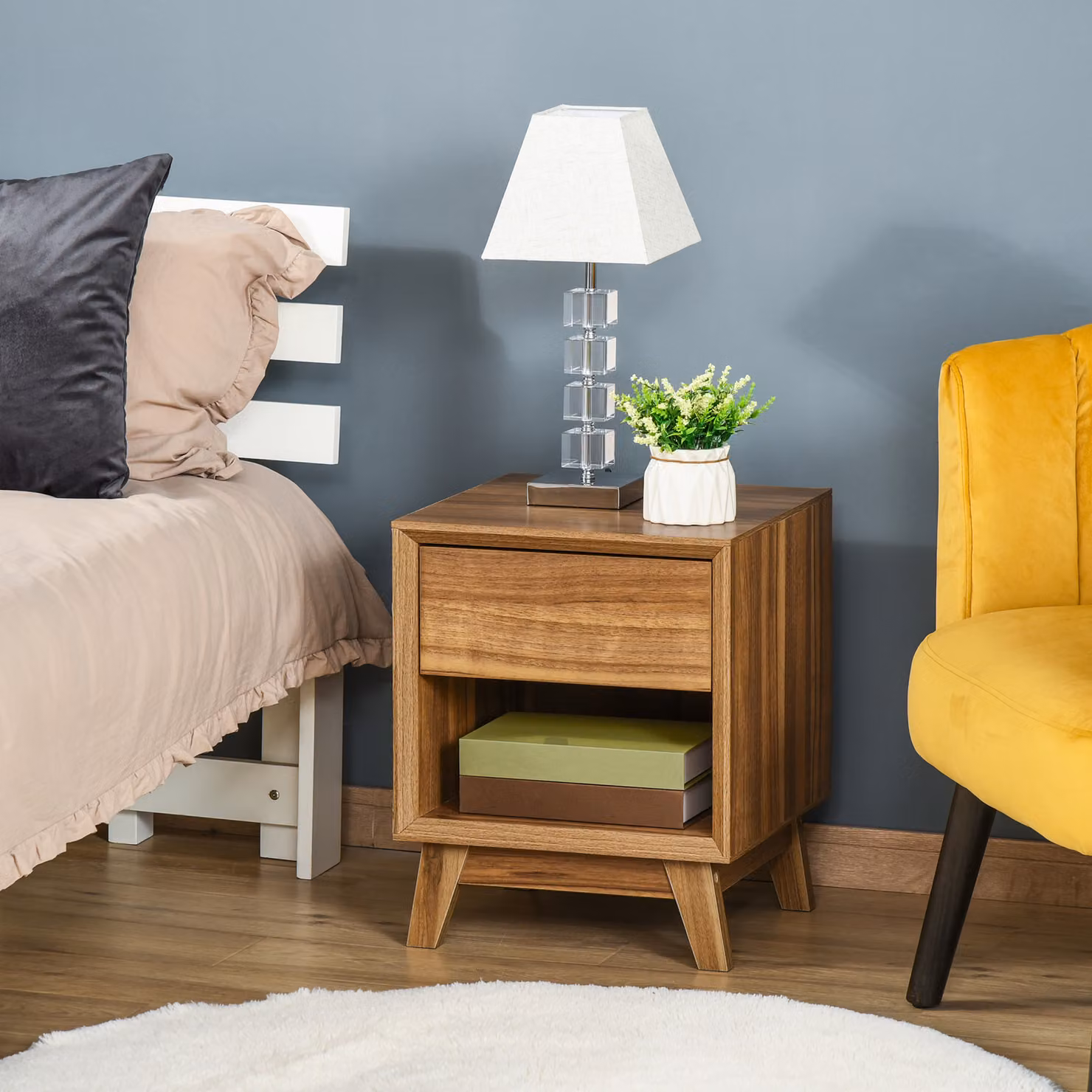 HOMCOM Modern Bedside Table and Nightstand with Drawer and Shelf in Walnut Brown – 6