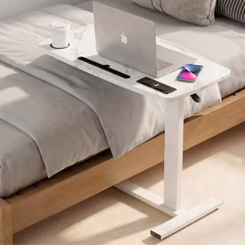 Levede Height Adjustable Mobile Over Bed Desk with Gas Spring Lift and Castors, White, W/D: 80 x 40 cm – 4