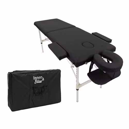 Inner Bliss Portable 2-Section Folding Massage Table with Aluminium Frame and Face Cradle, Black, Width: 60 cm