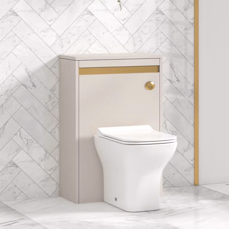 Royal Bathrooms Orion 540mm Warm Taupe BTW WC Unit with Qubix Rimless Toilet Pan, Slim Soft Close Seat and Cistern with Brushed Brass Accent Trim
