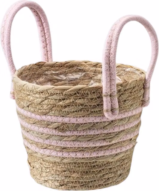 Kingsbury Gifts Woven Seagrass Planter Basket with Pink Stripes, Round Tabletop Design, Diameter: 15 cm