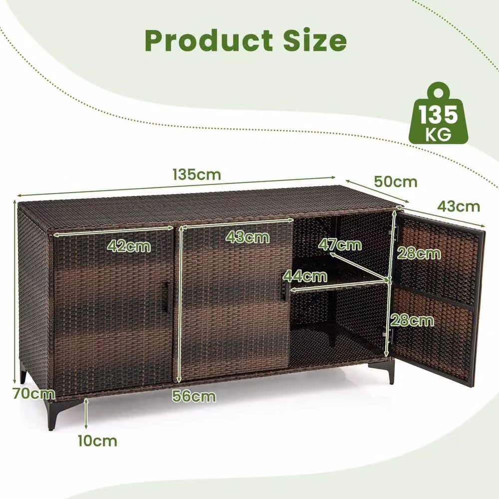 EONLION Brown Wicker Patio Storage Cabinet with Hinged Doors and Internal Shelves, W/D/H: 100 x 70 x 100 cm – 2