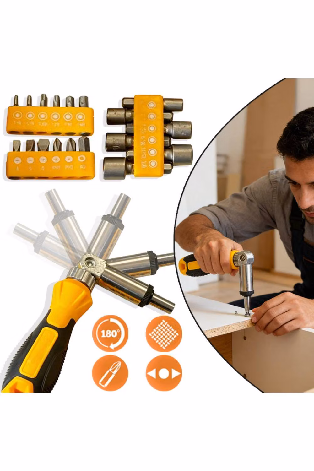 KDMD Multipurpose Ratchet Screwdriver Wrench Socket Set in Yellow Carbon Steel, 13.5 cm – 2