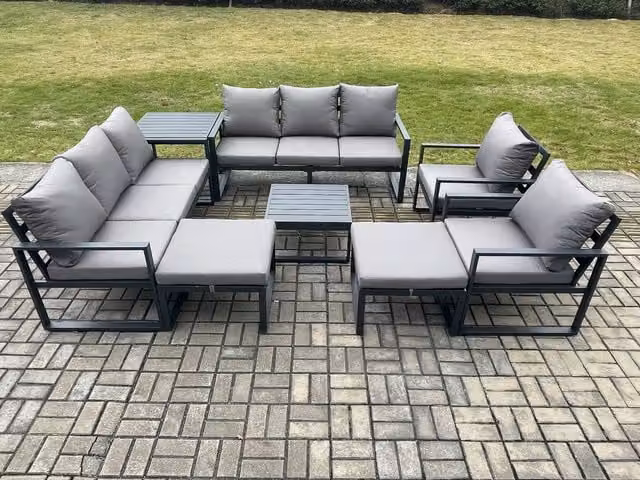 Fimous Modern Aluminium Garden Lounge Sofa Set in Dark Grey with Coffee Table and Ottomans