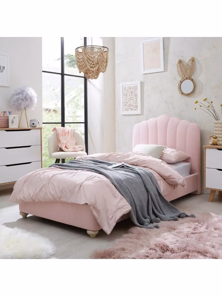 Emma Upholstered Fabric Childrens Single Bed in Pink, W/D/H: 204 x 101.5 x 100 cm