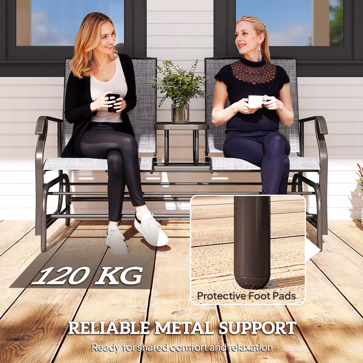 Outsunny Metal Double Swing Chair Glider with Side Table and Cushions, Grey – 5