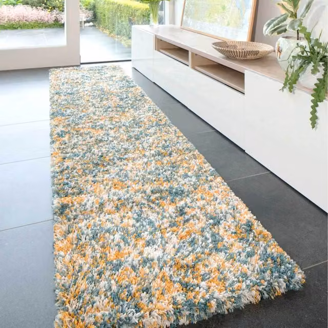 The Rug House Mottled Soft Shaggy Area Rug in Petrol and Yellow, W: 240 cm, D: 60 cm