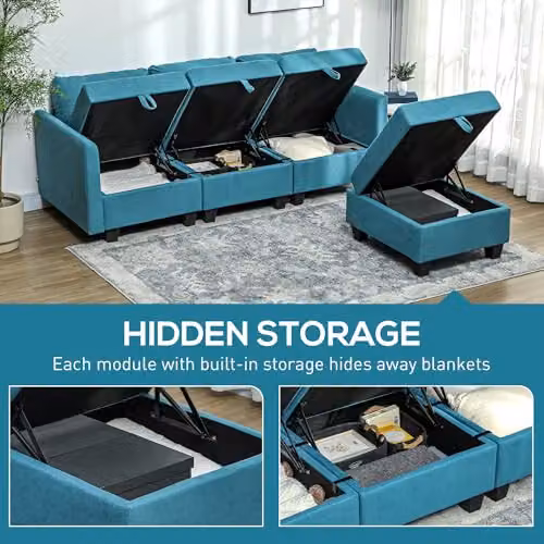 HOMCOM Reversible L-Shaped Modular Sectional Sofa with Storage and Ottoman, Blue Fabric 3 Seater Sofa with Sleeping Function and Solid Wood Frame, W/D/H: 213.0 x 158.0 x 85.0 cm – 4
