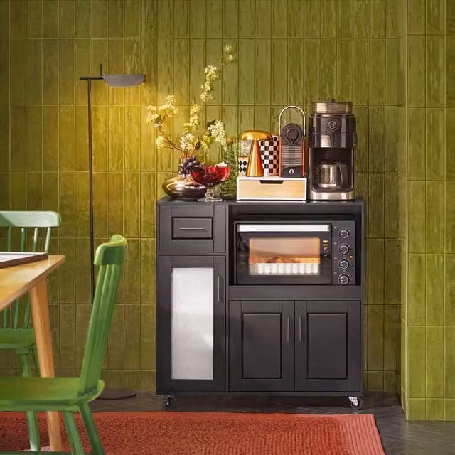SoBuy Black Rustic Kitchen Trolley with Glass Doors and Appliance Housing Unit