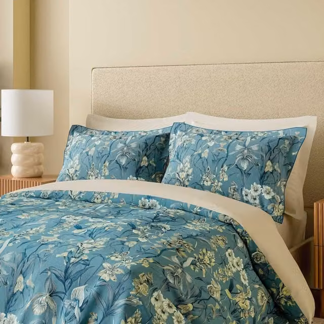 Harlequin Kalina Double Duvet Cover and Pillowcase Set in Blue Celestial Floral Mako Satin Cotton, W: 140 cm, H: 200 cm