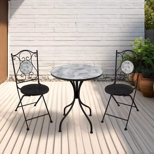 Seconique Ferne Patio Dining Set with Round Table and Chairs in Black and Grey Leaf Pattern – 1