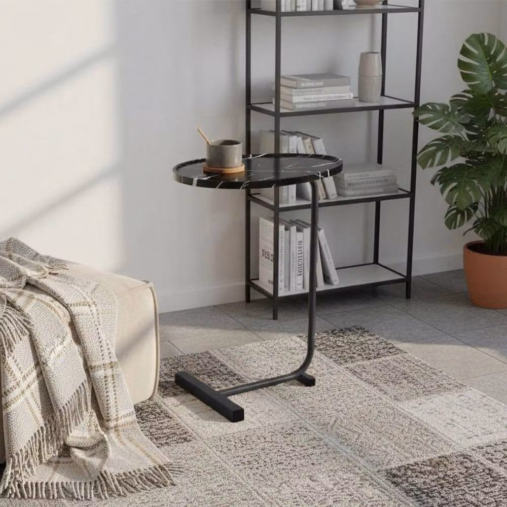 Kelvenix C-Shape Side Table with Black Marble Effect Round Top and Black Metal Frame, H 45.0 cm x W 60.0 cm – 4