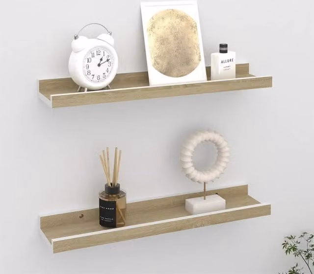 Berkfield Home Wall Mounted Shelves, 2 Pack, White and Sonoma Oak, W: 40 cm, D: 9 cm, H: 3 cm