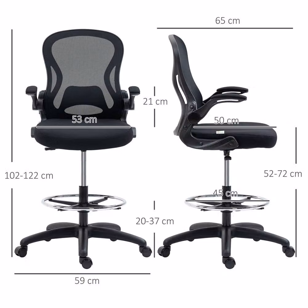 STILVORA Black Fabric High Drafting Office Chair with Flip-up Armrests and Foot Ring – 3