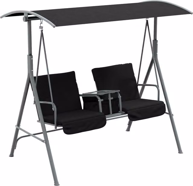 Outsunny 2 Seater Garden Swing Chair with Tilting Canopy and Padded Cushions, Black – 1
