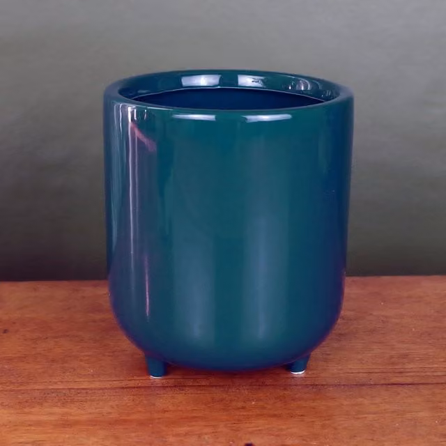 Modern Round Ceramic Tabletop Planter with Feet in Petrol Blue Green with Leaf Design