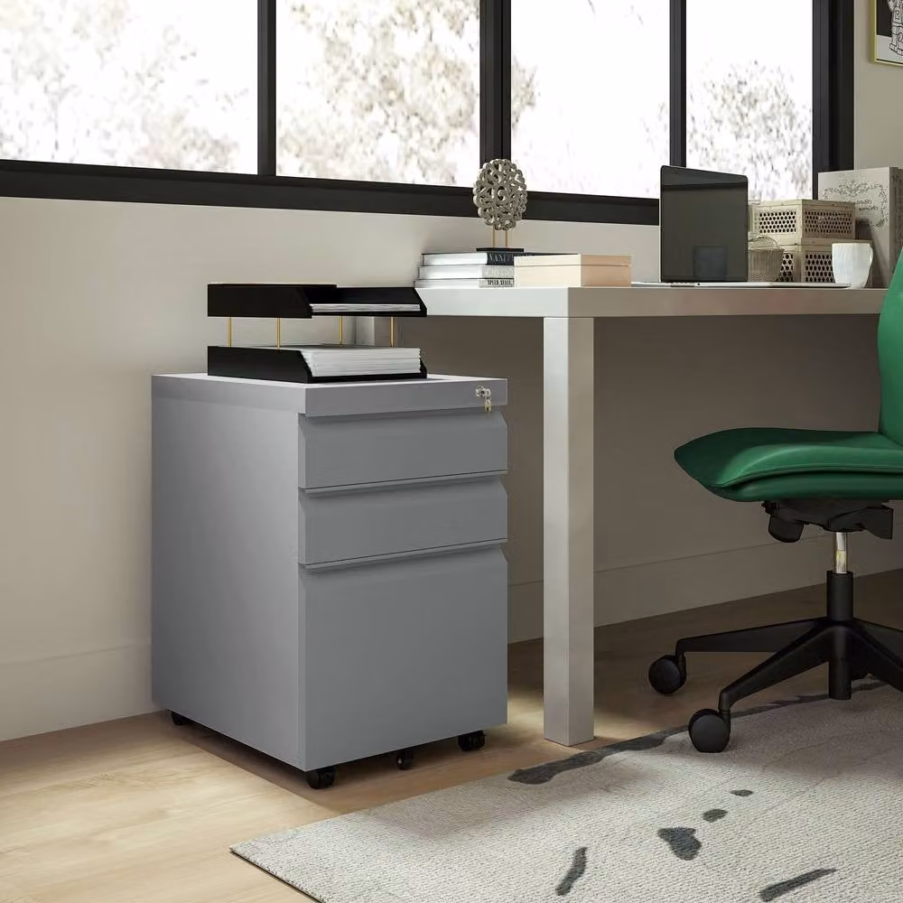 ERGOVEXA 3 Drawer Metal Filing Cabinet in Matt Grey with Lock and Castors, H: 60.0 cm, W: 39.0 cm, D: 40.0 cm – 4
