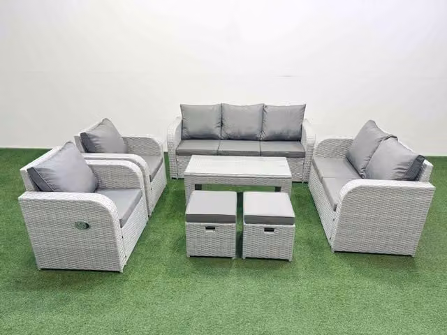 Fimous PE Rattan Garden Furniture Set in Light Grey with 2 Seater Sofa, Coffee Table and 2 Stools