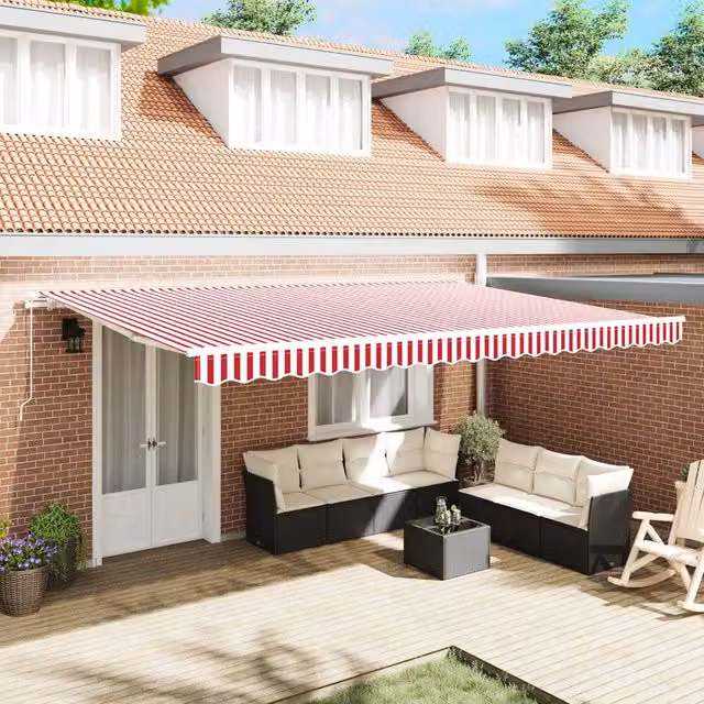 Berkfield Home Manual Retractable Wall-Mounted Awning with Red and White Stripes, W: 500 cm, D: 300 cm – 1