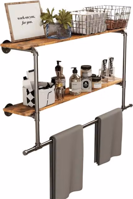 Pirlo Plush Industrial Wall-Mounted Floating Shelves with Hanging Rail in Rustic Brown and Black