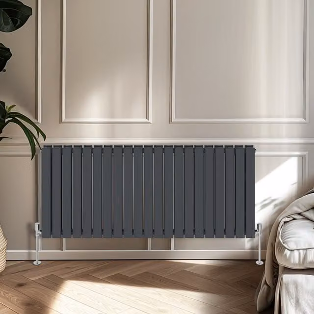 Right Radiators Anthracite Double Panel Flat Panel Horizontal Radiator, Height: 60 cm, Width: 142.8 cm