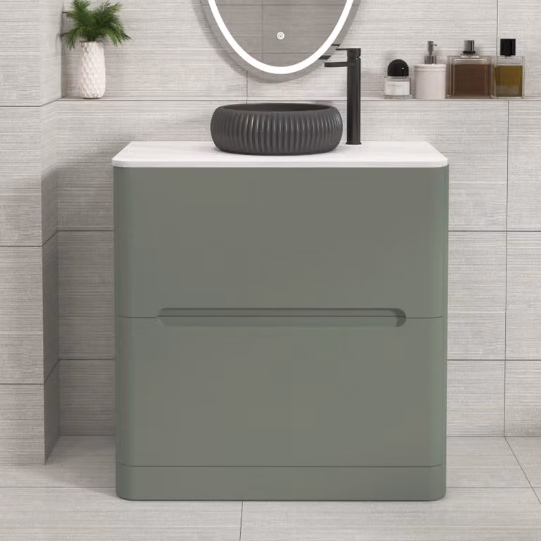 Royal Bathrooms Venice 2 Drawer Floor Standing Vanity Unit in Sage Green with Carrara White Undrilled Worktop