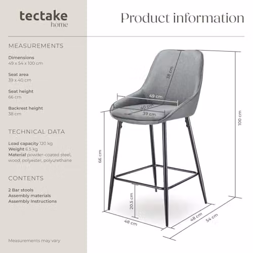 tectake Set of 2 Siera Bar Stools with Woven Fabric and Velvet Padding in Grey and Black – 3