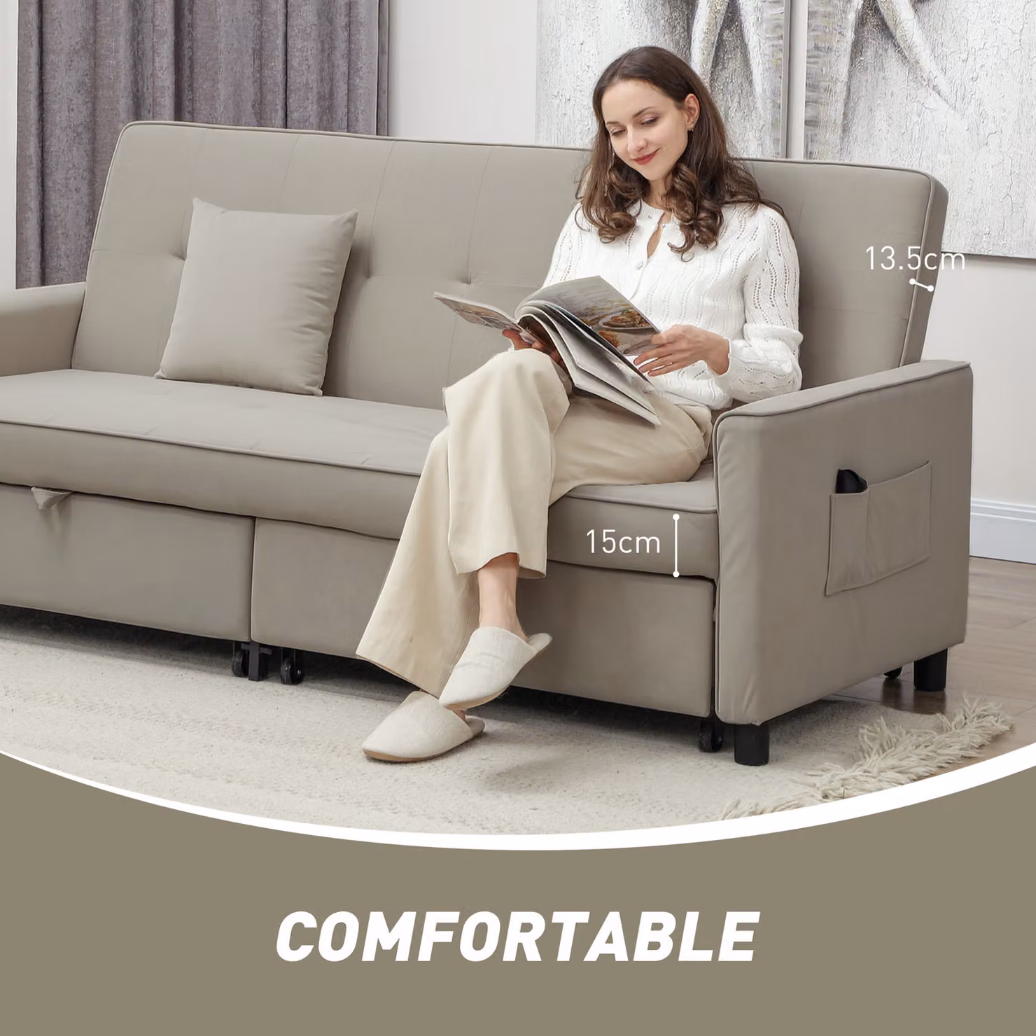 HOMCOM Three-Person Velvet Click-Clack Sofa Bed in Beige with Solid Wood Frame and Scatter Cushions – 3