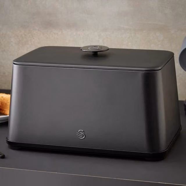 Swans Stealth Bread Bin in Black with Non-Slip Feet and Metal Construction