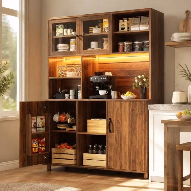 STILVORA Modern Tall Cabinet in Brown with Integrated LED Lighting and Sliding Glass Doors – 1