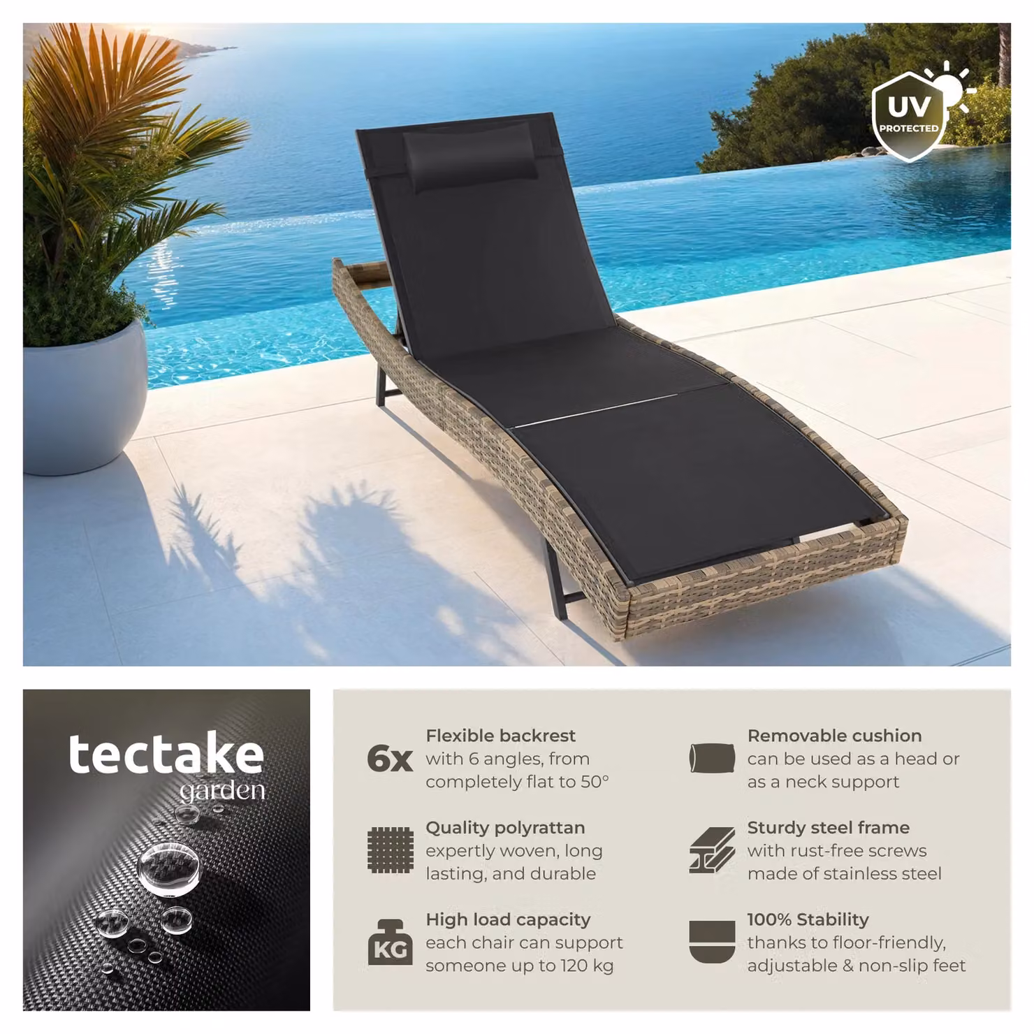tectake Moana 1 Seater Sun Lounger in Beige Rattan and Plastic – 2