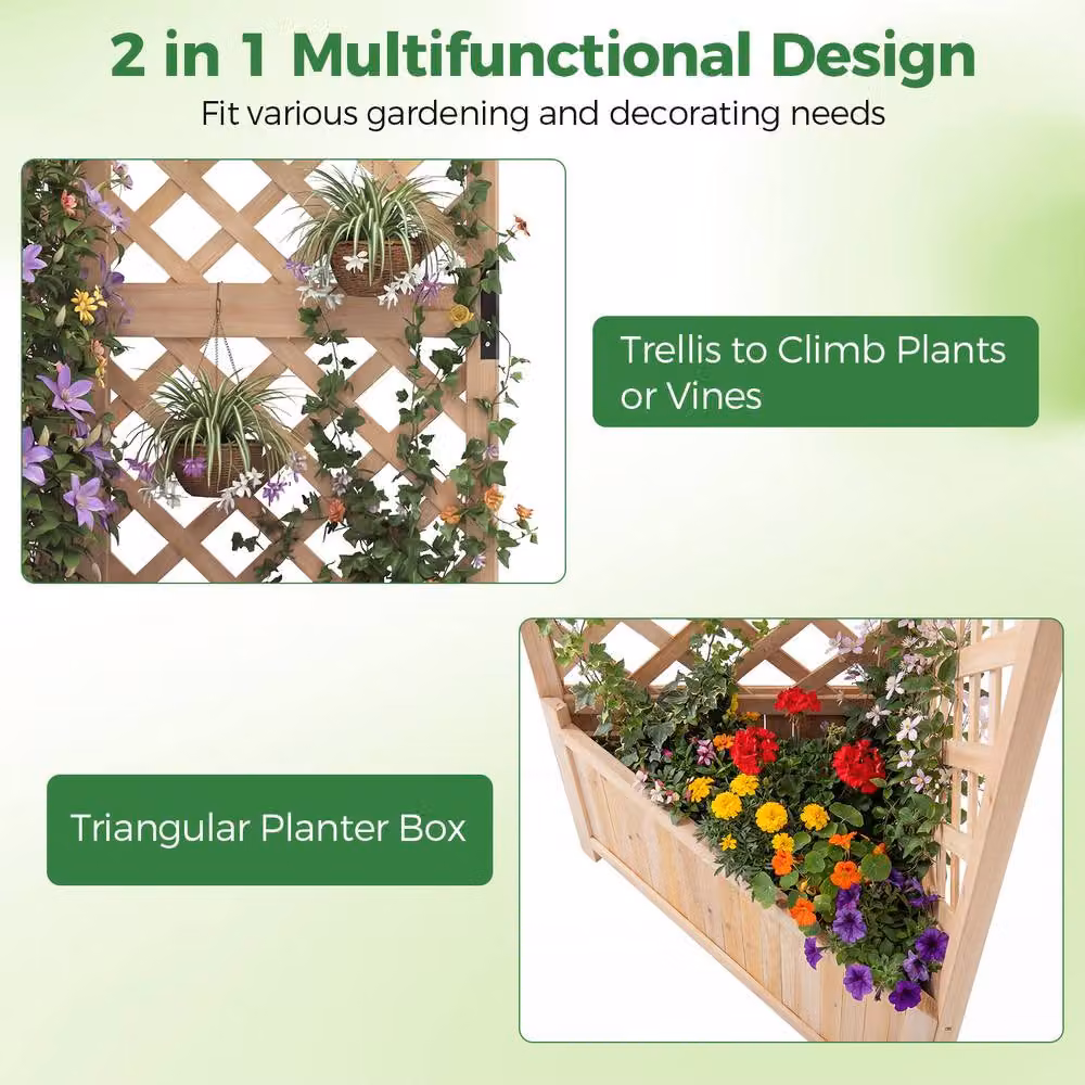 Costway Raised Wooden Garden Bed with Lattice Trellises in Brown, W: 140 cm, D: 100 cm, H: 63 cm – 4