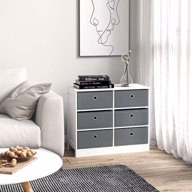 HOMCOM 6-Drawer Fabric and MDF Chest of Drawers Storage Cabinet in White – 1