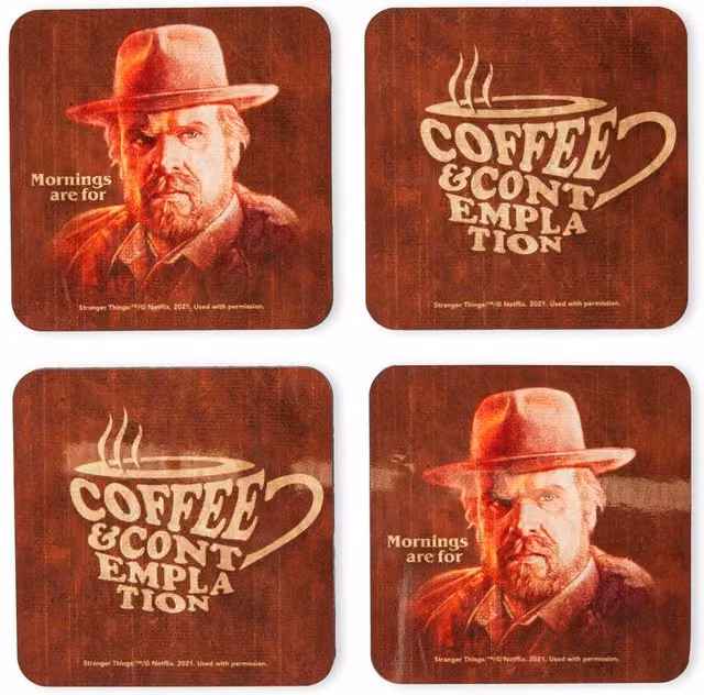 Zavvi Stranger Things Coffee and Contemplation Coaster Set, Multicolour and Brown Wood and Cork Square Coasters