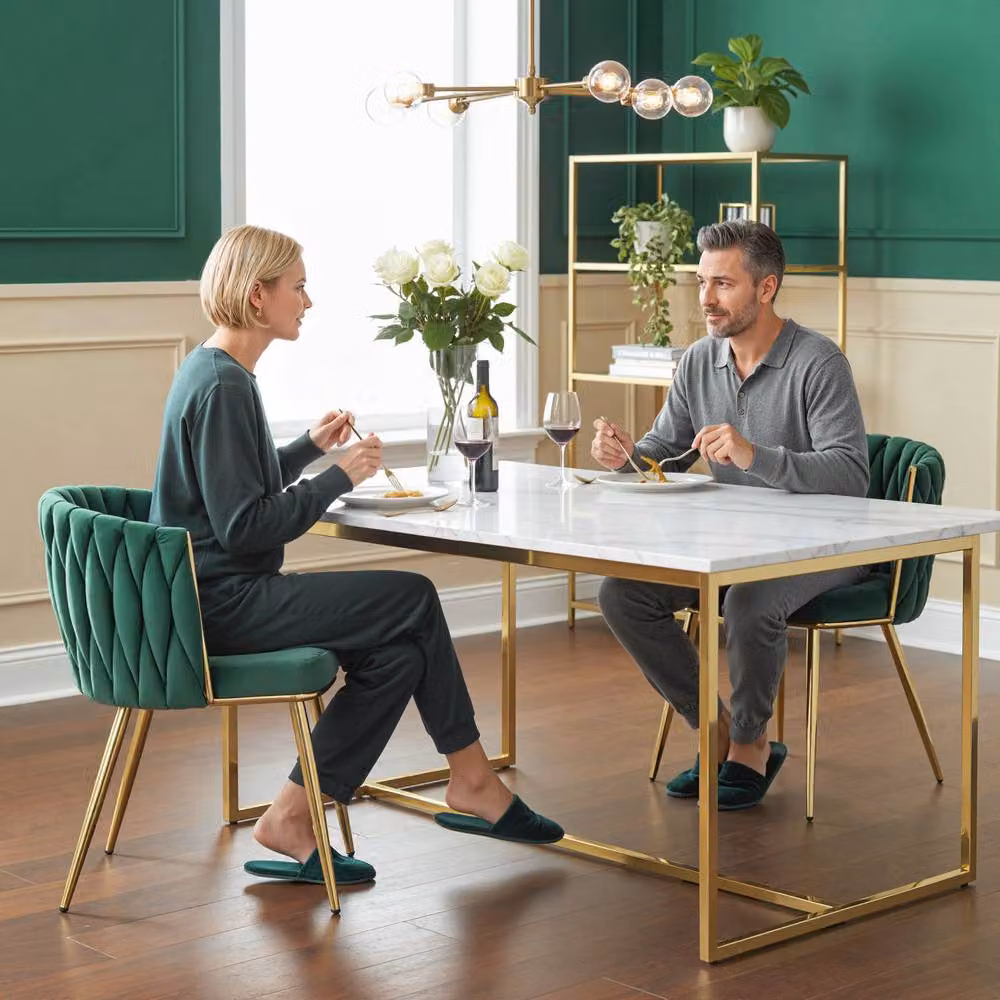 STILVORA Set of 2 Green Velvet Dining Chairs with Gold Metal Legs and Armrests – 2