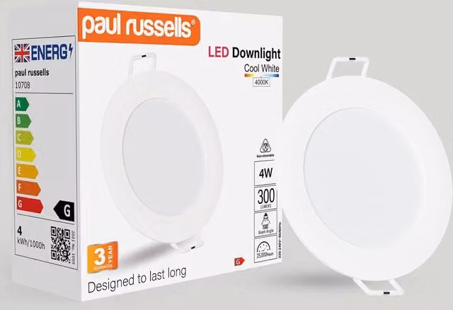 Paul Russells 4W Round LED Recessed Downlight, 300lm, 4000K Cool White, IP20, White, Diameter: 95 mm, Cut-out: 40 mm
